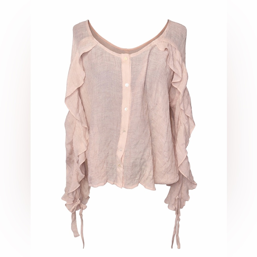 Whimsical‎ Boho Blush Pink Ruffle Sleeve Button Front Semi-Sheer-Large